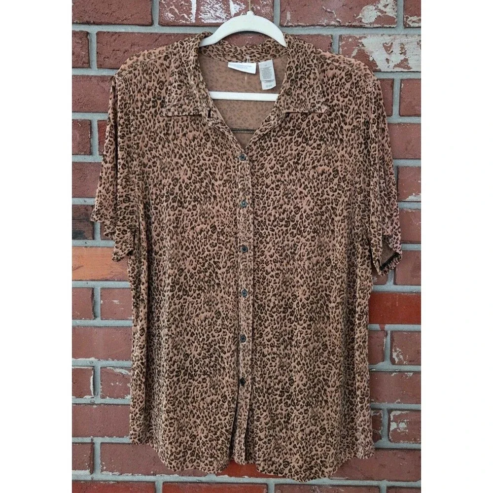 Liz Claiborne Leopard Print Top Blouse Button Long Sleeve 2XL Slinky Stretchy - Picture 1 of 4